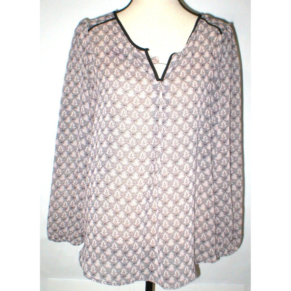 New Womens Pleione Blouse Top Black Tan White Office Work L Peasant Long Sleeve